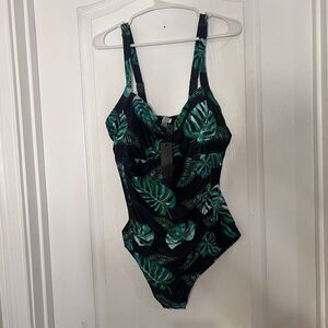 Tempt Me Womens Tropical Leaf Print One Piece Swimsuit Black Green XL Ruched NWT